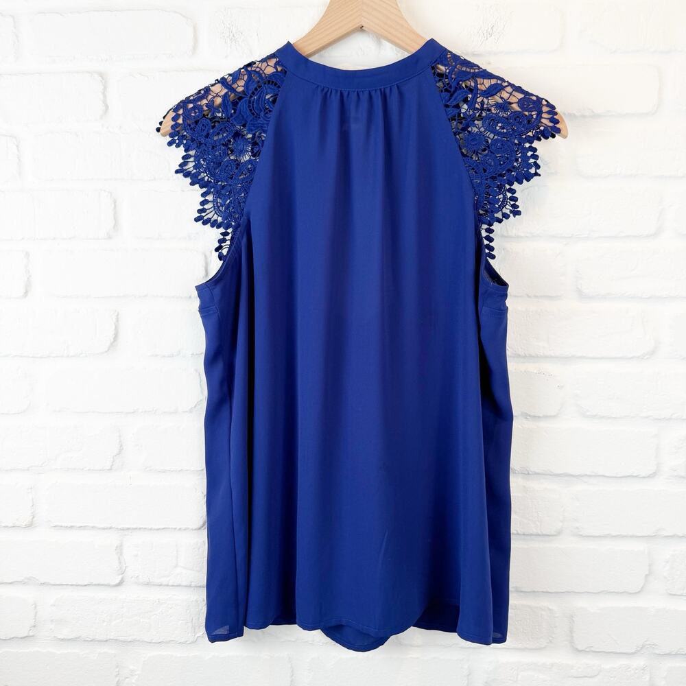 Express Blue High Neck Lace Cap Sleeve Shoulders Keyhole Back Blouse Size M